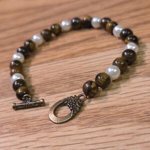 Handmade Tiger’s Eye & Pearl Beaded Bracelet | Antique Bronze Toggle Clasp